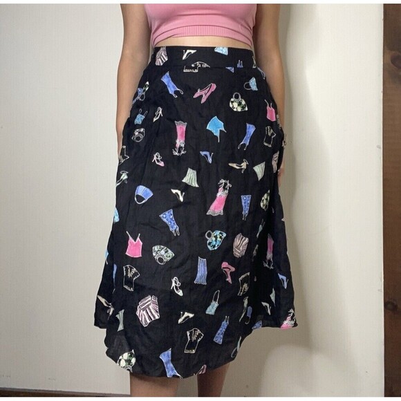 Liz Claiborne Linen Black Multi Retro Clothing Print A-Line Midi Skirt Size 8 - Picture 1 of 11